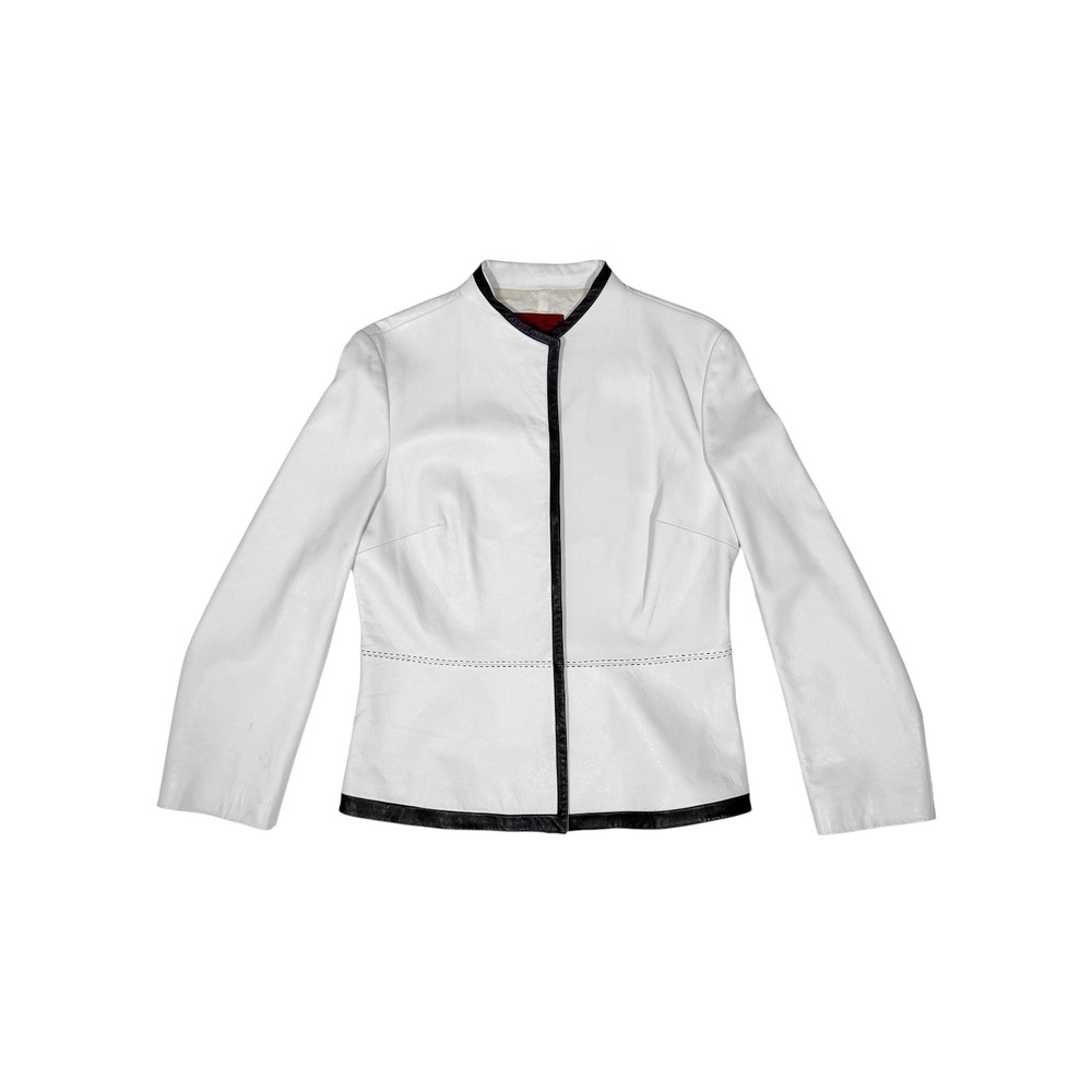 Nicola Berti Women White Italian Leather Jacket Black‎ Trim Snap Front Size M